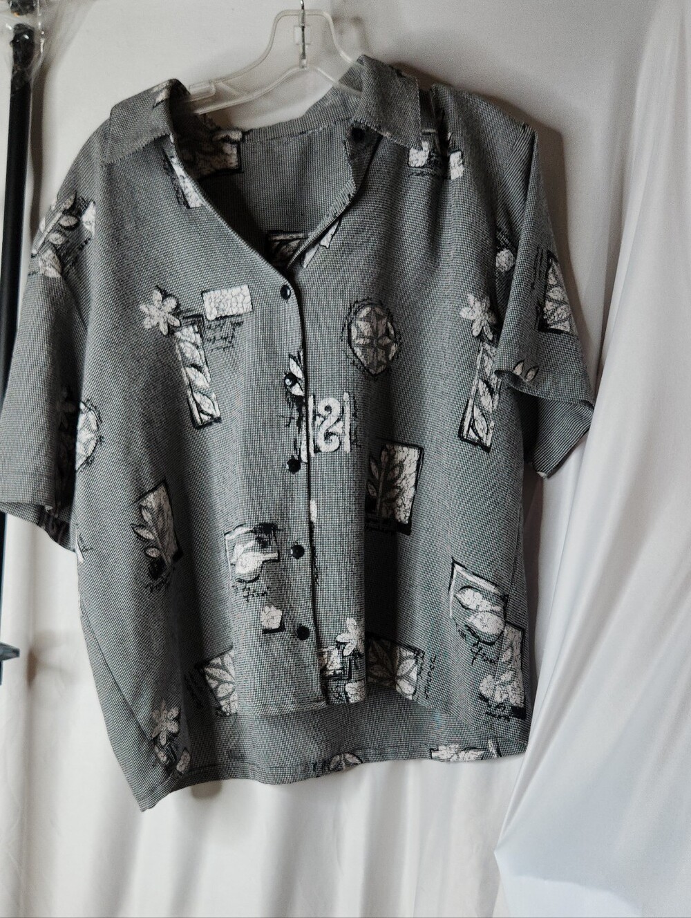 Women's Grey Short Sleeve Tropical Top - Unknown Brand - L